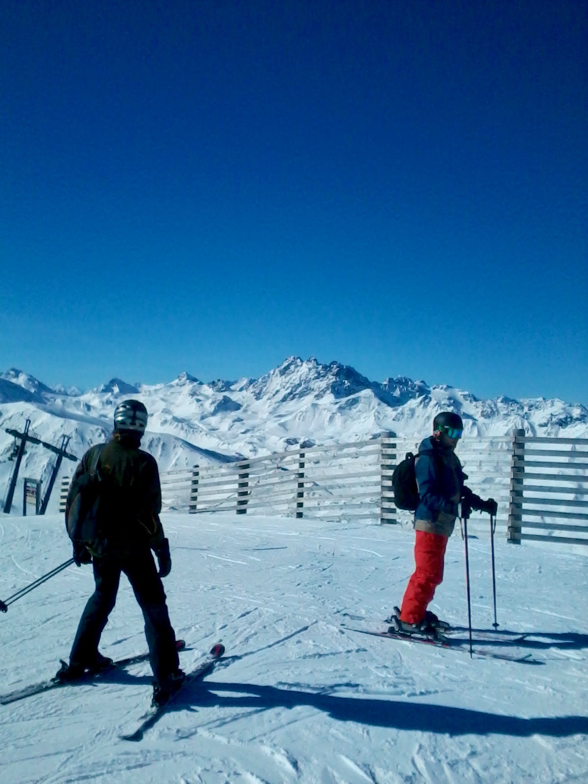 Skiers heading out on the Smuggler's Run from Ischgl to Samnaun in Switzerland