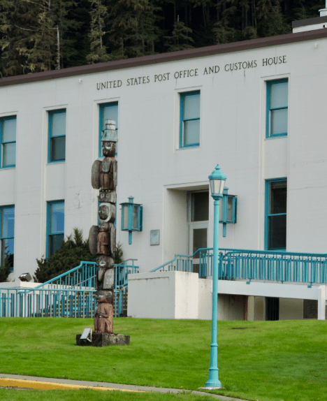 A raven totem pole in the town of Wrangell