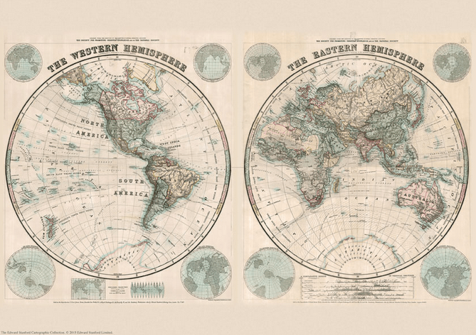 Cartographic map featuring the Western and Eastern Hemispheres