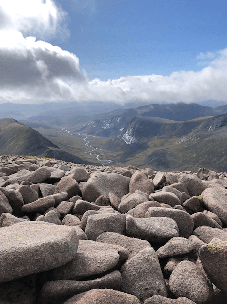 Views from the top of Ben Macdui over to the Allt Clach nan Taillear river