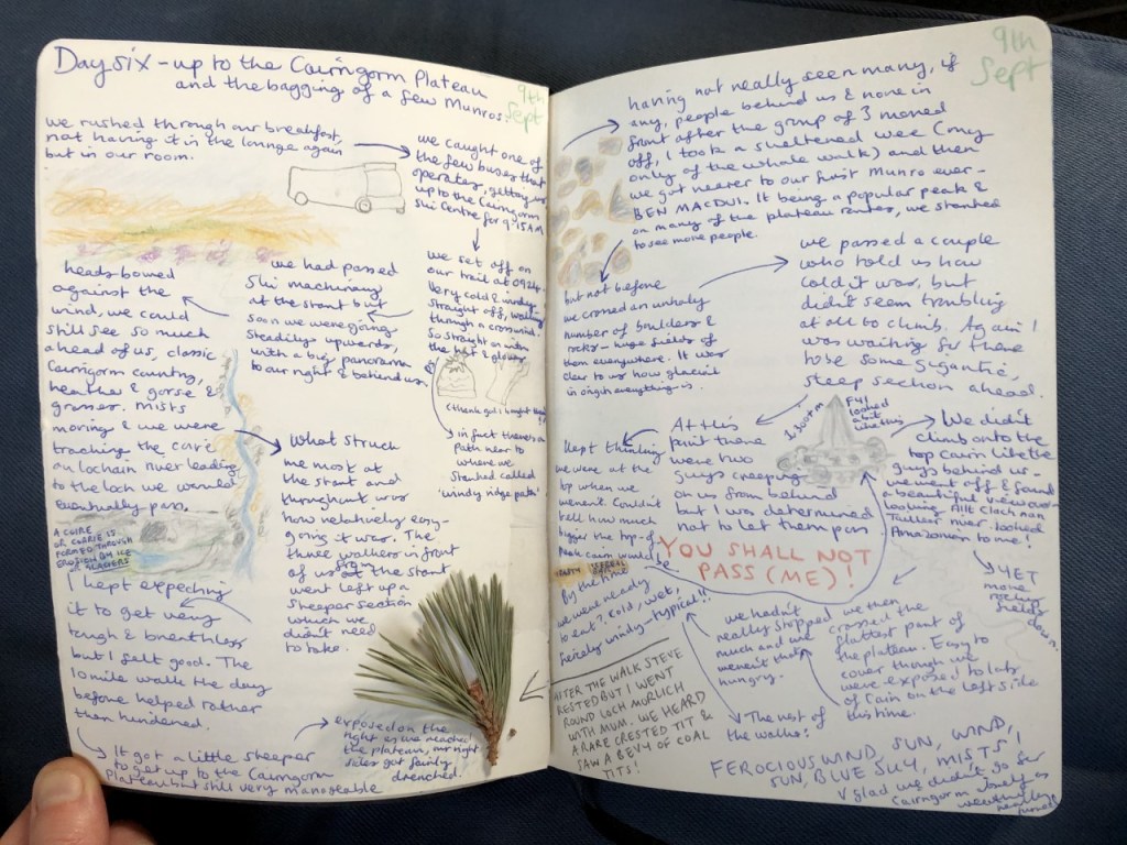 Pages from my diary featuring the day hike on the Cairngorm Plateau