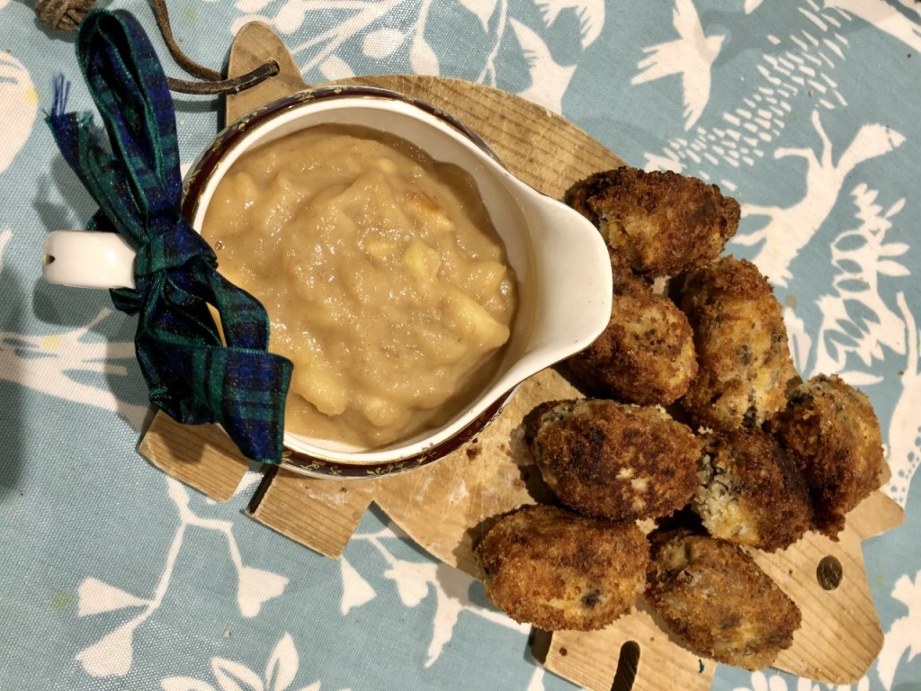 Haggis croquettes and apple and mustard sauce served up